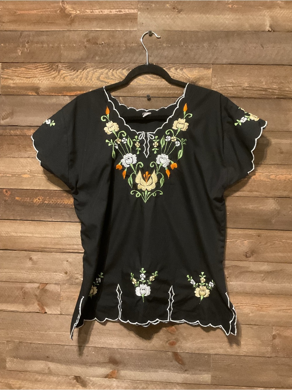 J.R. Palacios Black Floral Embroidery Mexican Top Blouse Women’s Size Large